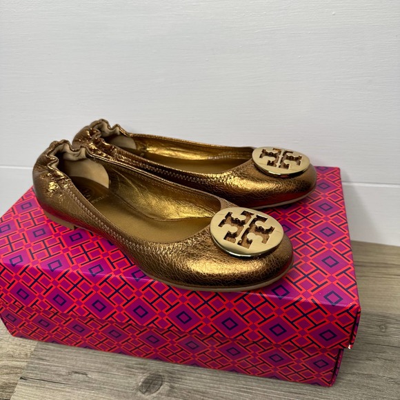 Tory Burch Reva Metallic flats ballet metal bronze shoes leather medallion 5.5 - Picture 1 of 9